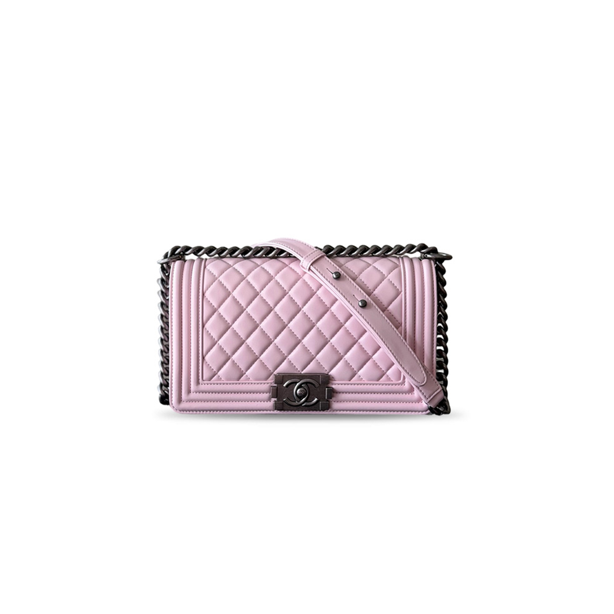 CHANEL MASTER MEDIUM  BOY  HANDBAG LAMBSKIN & RUTHENIUM-FINISH METAL (25*15*9cm)